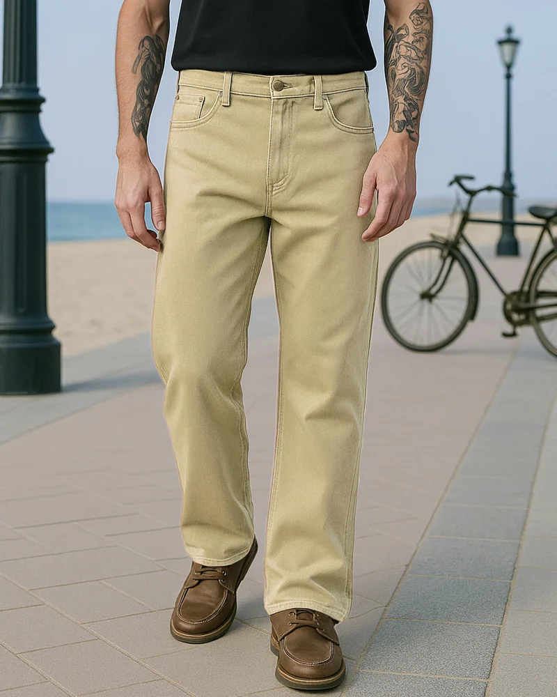 بيواكوف Men's Beige Baggy Fit Mid-Rise Jeans